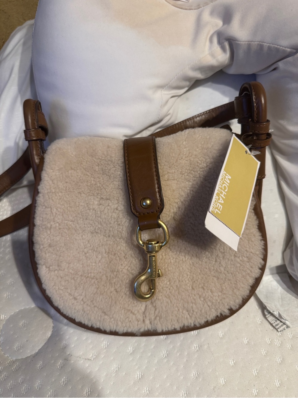 Michael Kors Cream Shearling & Brown Leather Shoulder Bag